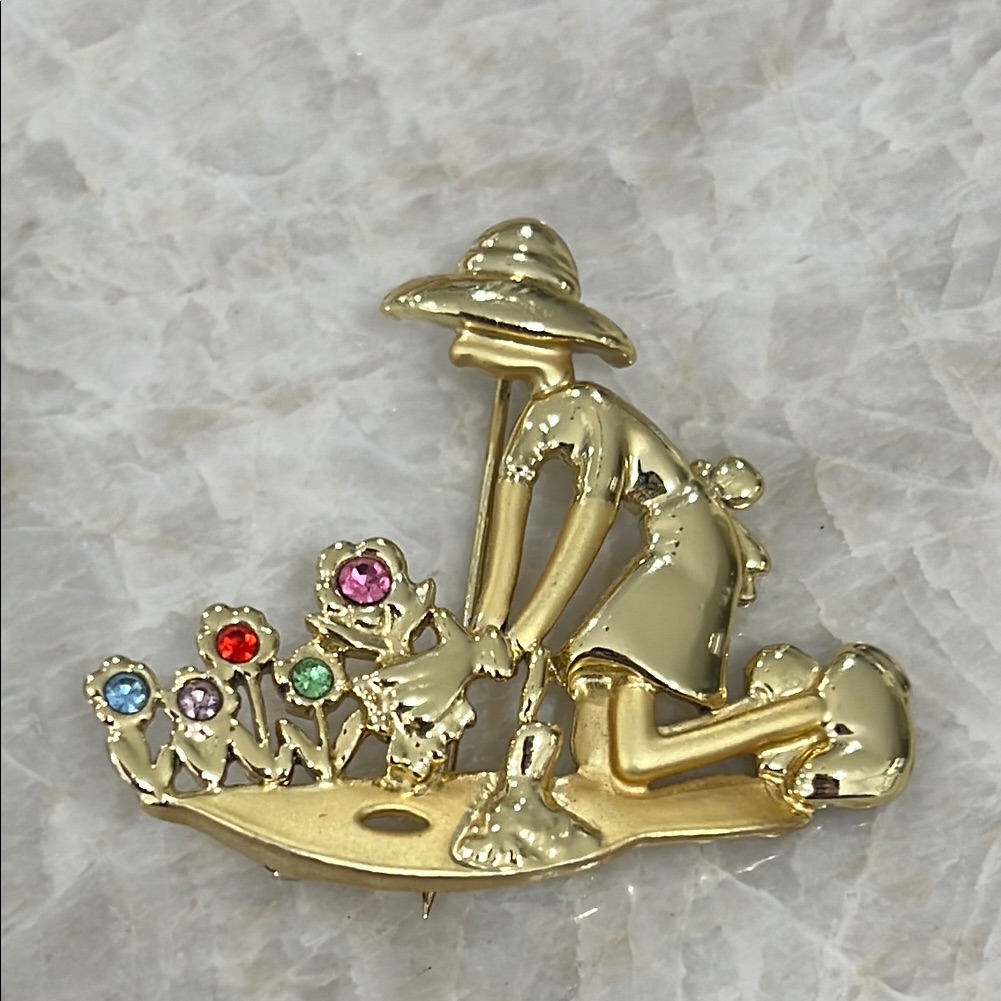 Gold Gardener Brooch With Colorful Gems